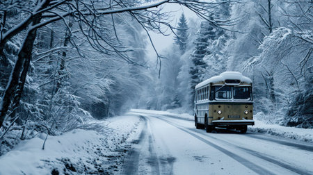 Vintage school bus on a snowy road in the winter forest.の素材