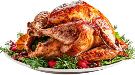 Roasted turkey with rosemary and spices on a white background.の素材