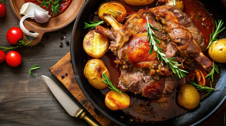 Roast lamb with potatoes and rosemary in a cast-iron panの素材
