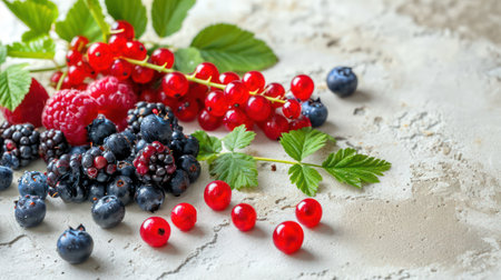 Mix of fresh berries on white textured background, selective focus.の素材