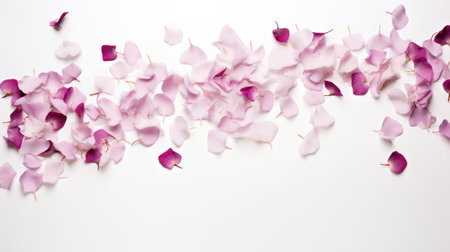 Rose petals on a white background. Flat lay, top view.の素材