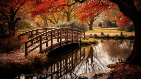 Wooden bridge over the river in autumn park. Autumn landscape.の素材