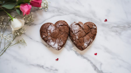 Chocolate cookies in the shape of a heart on a white marble backgroundの素材