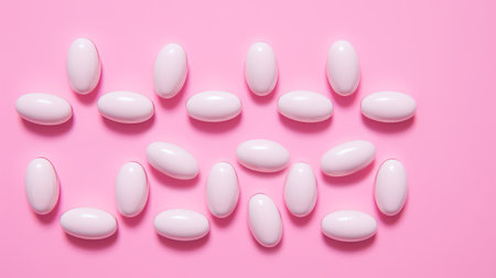 White chewing gum on pink background. Top view, flat lay.の素材