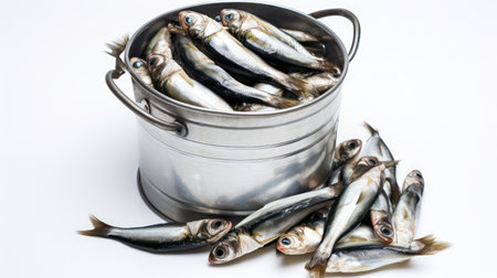 Fresh sardines in a metal bucket on a white background.の素材