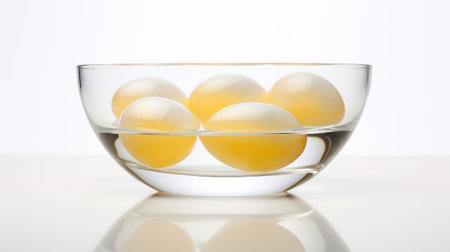 Eggs in a glass bowl on a white background with reflectionの素材