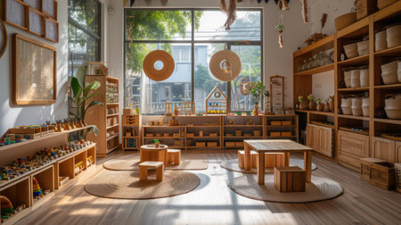 Interior of a children's room with wooden furniture and toys.の素材