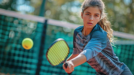 Young woman playing tennis on the court. Sport and healthy lifestyle concept.の素材