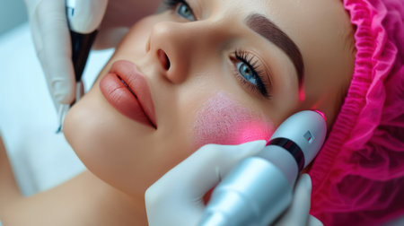 Close-up of a young woman receiving laser treatment in the beauty salonの素材