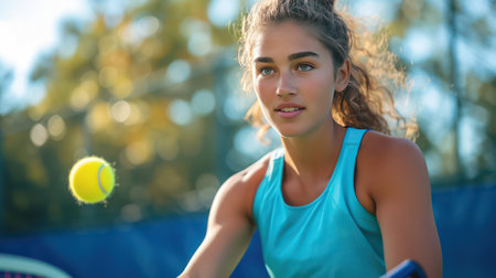 Portrait of beautiful young woman playing tennis on the tennis court.の素材