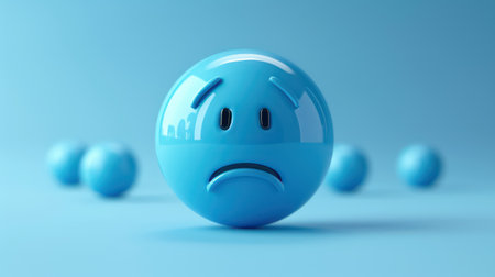 Sad emoticon with sad face on blue background. 3D renderingの素材