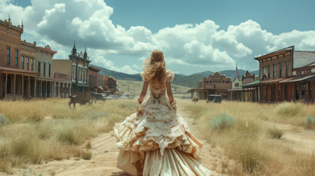 Beautiful bride in a long white wedding dress posing in the desertの素材