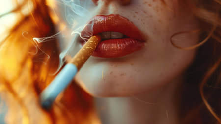 Red-haired girl with a cigarette in her mouth. Close-up.の素材