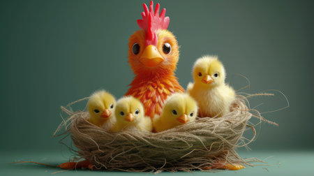 Easter chicken with yellow chickens in a nest on a green backgroundの素材