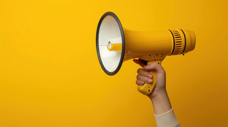 Female hand holding a megaphone on a yellow background with copy spaceの素材