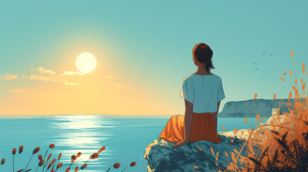 Young woman standing on the cliff and looking at the sea. 3d renderの素材