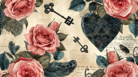 Romantic background with roses, keys, hearts and old letters.の素材