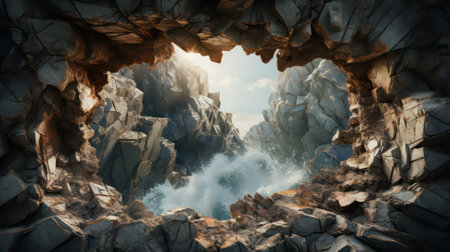 Fantasy alien planet. Mountain and sea. 3D illustration.の素材
