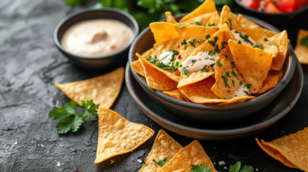 Bowls with tasty Mexican nachos chips and sauce on tableの素材