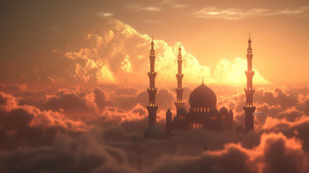 Mosque in the clouds at sunset. 3d render illustration.の素材
