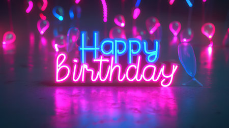 Happy birthday neon sign with bokeh background. 3d renderingの素材