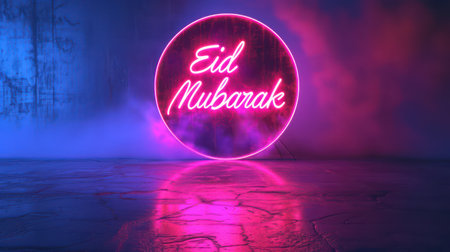 3d rendering of neon sign in the shape of a circle with the inscription - eid mubarakの素材