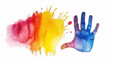 Abstract colorful watercolor hand print on white background. Digital art painting.の素材