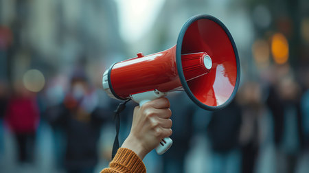 Megaphone in the hands of a woman on the background of the cityの素材