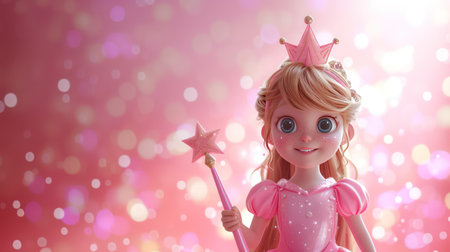 Cute little princess with magic wand over pink bokeh backgroundの素材