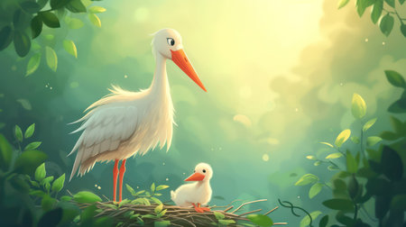 White stork with baby in the green nature background. Vector illustration.の素材