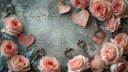 Valentine's Day background with roses, vintage keys and heartsの素材