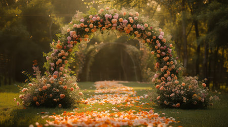 Wedding arch decorated with flowers in the park at sunset.の素材