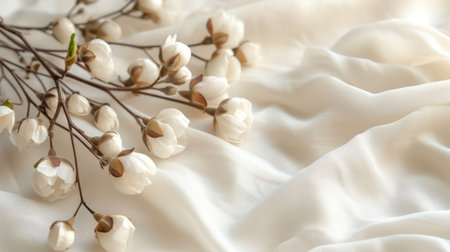 Beautiful white cotton flowers on white fabric, closeup. Space for textの素材