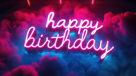 Happy Birthday neon light lettering for greeting card, invitation, party and celebration.の素材