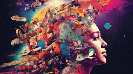 Double exposure of female face with abstract colorful background. 3D renderingの素材