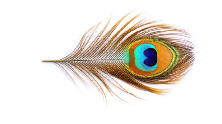 Peacock feather isolated on the white background. Top view.の素材