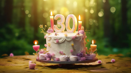 Birthday cake with number 30 candle on green bokeh backgroundの素材