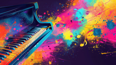 abstract music background with piano and colorful splashes. 3d illustrationの素材