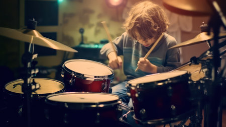 Little boy playing drums in the music studio. Selective focus.の素材