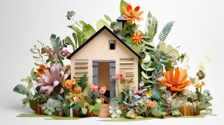 3d illustration of house made of flowers and plants on white backgroundの素材