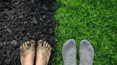 Feet of man and woman standing on soil with green grass background