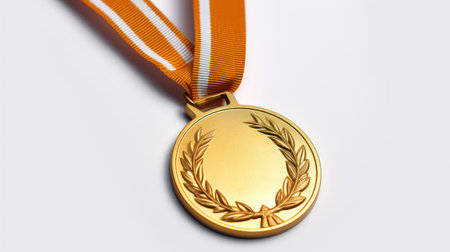 Gold medal with ribbon isolated on white background. 3d illustration.の素材