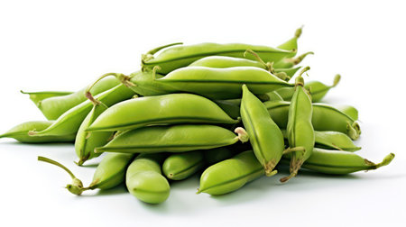 Fresh green soybeans on white background. Close-up image.の素材