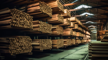 Warehouse of wood products. Warehouse of wood products. Industrial backgroundの素材