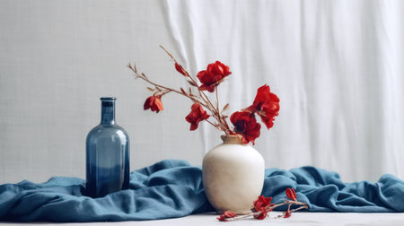 Still life with red flowers in a vase on a blue backgroundの素材
