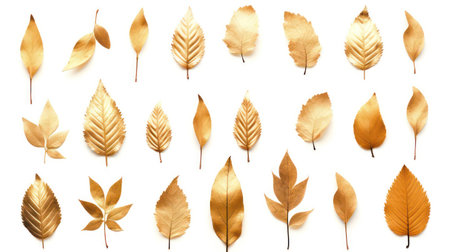 Set of golden leaves isolated on white background. Flat lay, top viewの素材