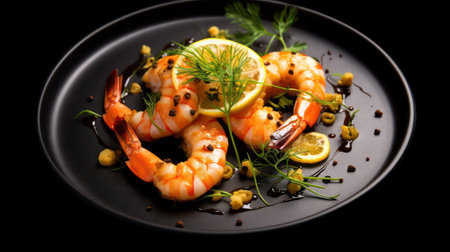 Shrimps with lemon, herbs and spices on a black backgroundの素材