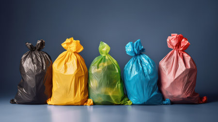Garbage bags on blue background. Recycling garbage concept.の素材