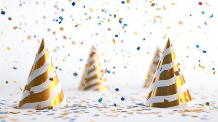 3d illustration of golden party hats and confetti on white backgroundの素材