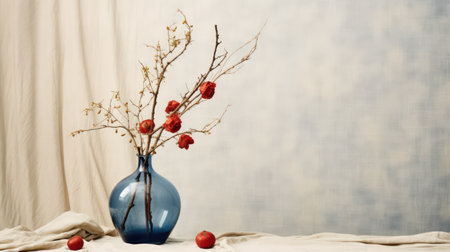 Vase with dry branches and berries on a linen tablecloth.の素材